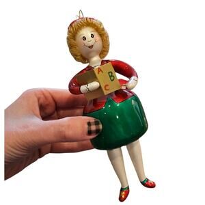 Vintage 1990s Blown Glass Christmas Ornament Teacher Red Green w/ Apple